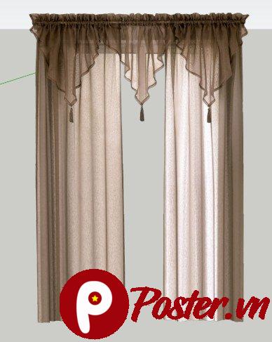 Hình ảnh rèm cửa sổ phong cách cổ điển màu nâu xám với yếm rèm xếp ly và tua rua duyên dáng, vải voan mỏng manh.