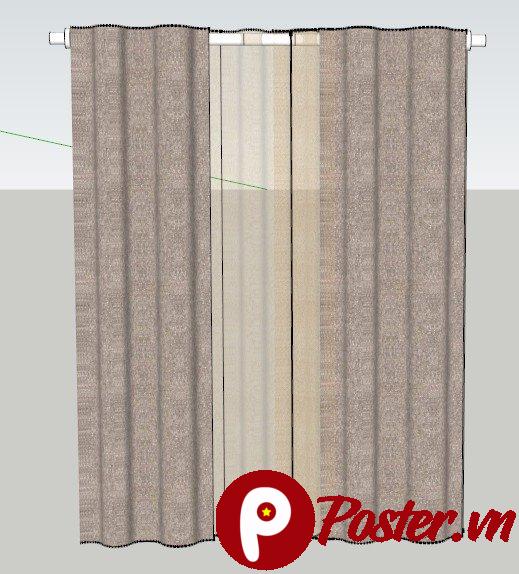 Bộ rèm cửa hai lớp hiện đại với tông màu nâu be và trắng kem, được render 3D tinh tế, phù hợp cho thiết kế nội thất.