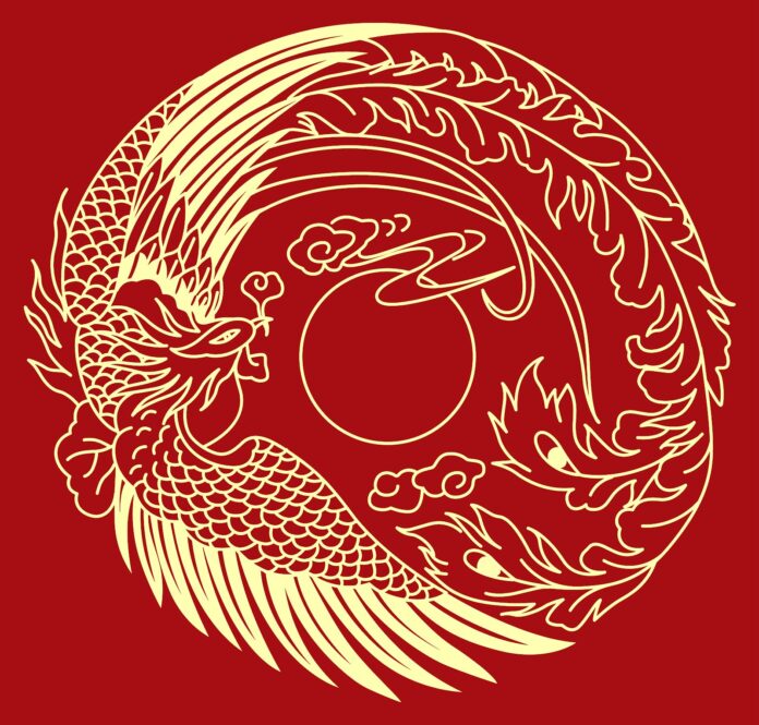 Hình vector Rồng Phượng màu đỏ vàng với vân mây và viên ngọc trung tâm, phong cách Á Đông truyền thống.