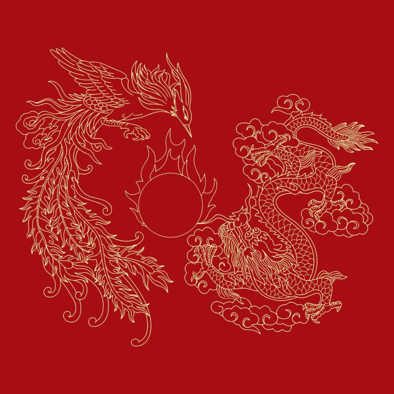 Vector Rồng Phượng đỏ vàng kim, biểu tượng may mắn, tài lộc cho thiết kế Tết và sự kiện trọng đại.