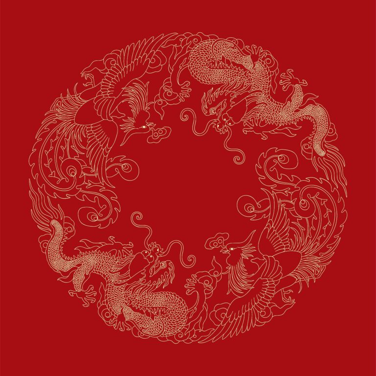 File Vector Rồng Phượng EPS sang trọng trên nền đỏ, thiết kế truyền thống Á Đông, đối xứng hài hòa cho thiệp cưới, poster Tết