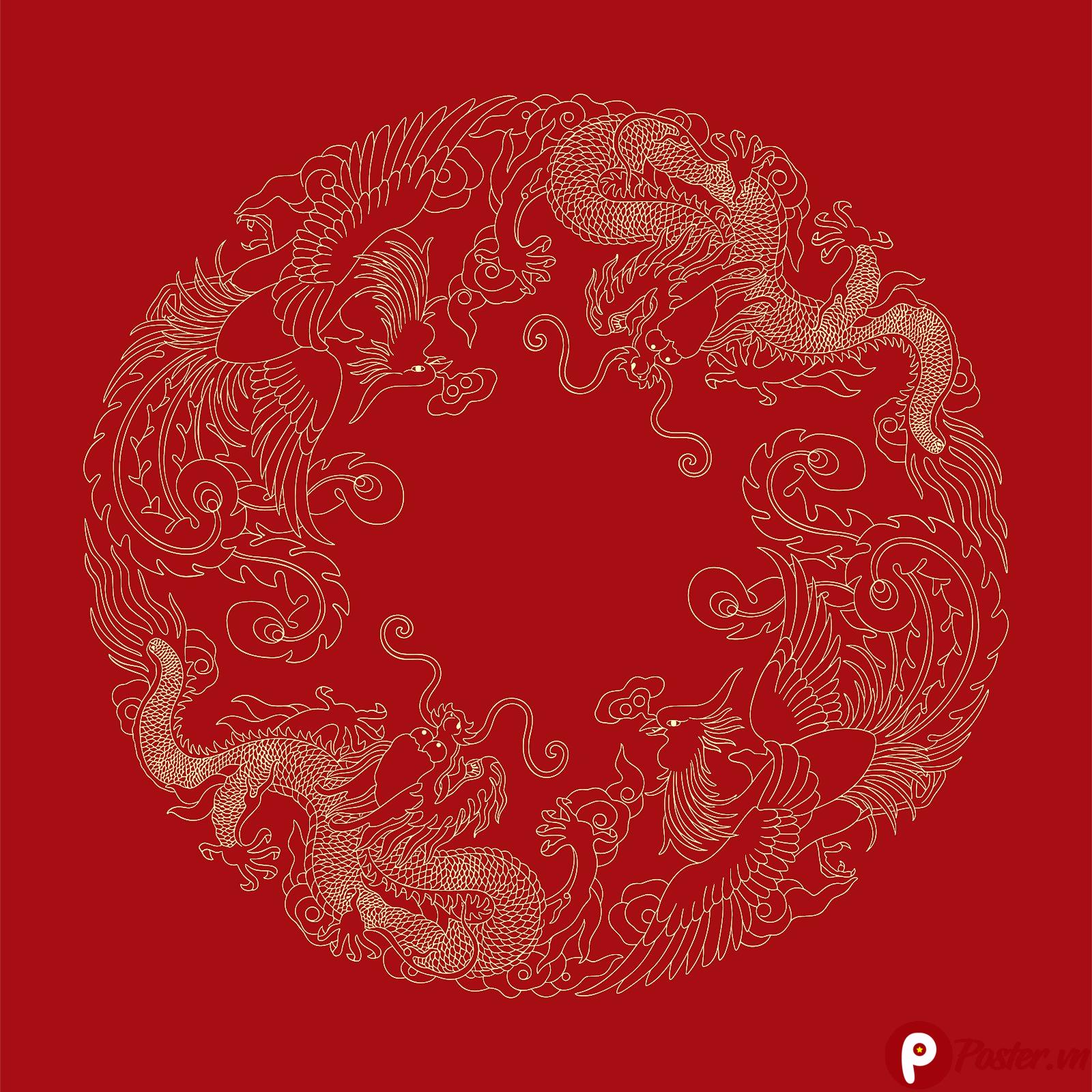 File Vector Rồng Phượng EPS sang trọng trên nền đỏ, thiết kế truyền thống Á Đông, đối xứng hài hòa cho thiệp cưới, poster Tết