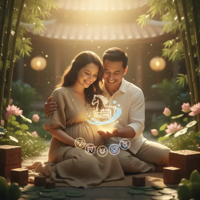 Em bé sinh năm 2026 Bính Ngọ đáng yêu, biểu tượng cho sự may mắn, tài lộc và thông minh, được bao bọc bởi tình yêu thương của bố mẹ.