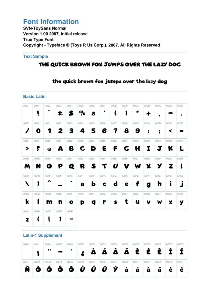 Bảng thông tin chi tiết về font SVN-ToySans với các ký tự mẫu, chữ cái Latin cơ bản và bổ sung, thể hiện phong cách tròn trịa, vui nhộn của font.