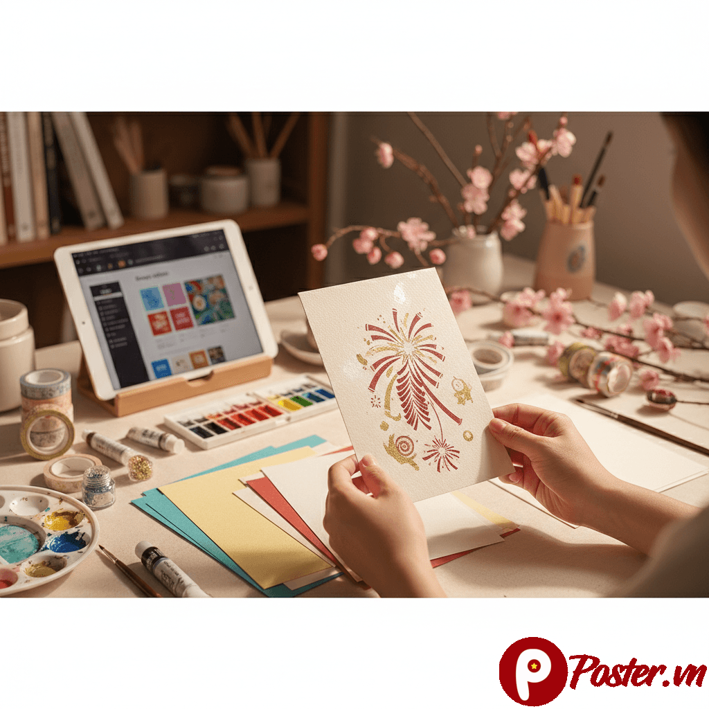 Mẫu thiệp thông báo nghỉ Tết Dương lịch 2026 đẹp mắt, hiện đại với tông màu đỏ vàng chủ đạo, hoa mai và chữ 'Chúc Mừng Năm Mới' cách điệu.