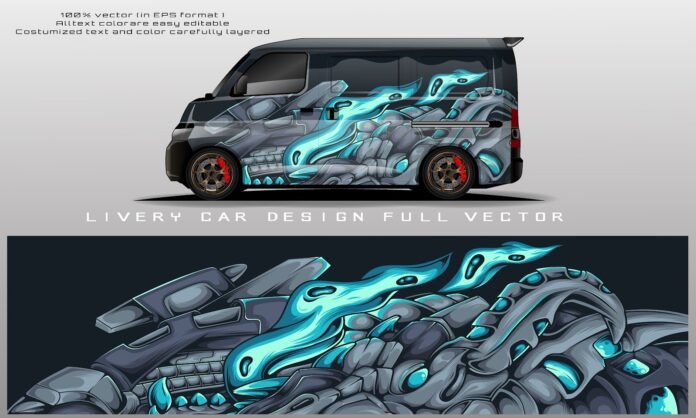 Thiết kế tem xe van phong cách Sci-Fi Biomechanical màu xanh Cyan phát sáng