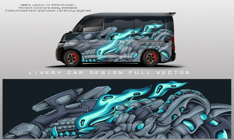 Thiết kế tem xe van phong cách Sci-Fi Biomechanical màu xanh Cyan phát sáng