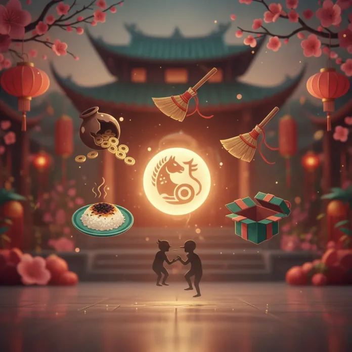 Tết Âm Lịch 2026: 5 Điều Kiêng Kỵ Cần Tránh Hình ảnh minh họa các phong tục và điều kiêng kỵ trong dịp Tết Âm Lịch 2026, với các biểu tượng may mắn và không khí đón xuân Bính Ngọ vui tươi.