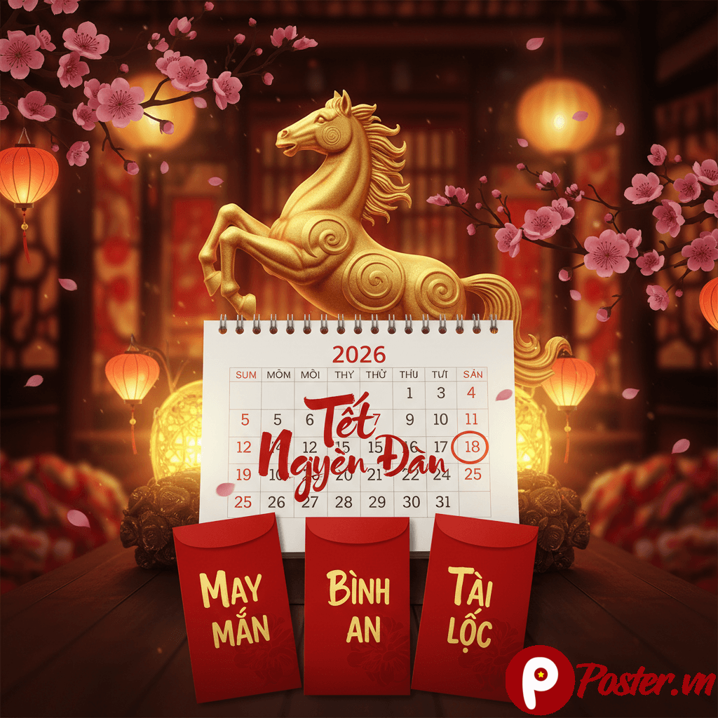 Hình ảnh gia đình Việt quây quần bên mâm cơm ngày Tết, với bánh chưng, hoa mai, hoa đào và lì xì, chào đón năm Bính Ngọ 2026.