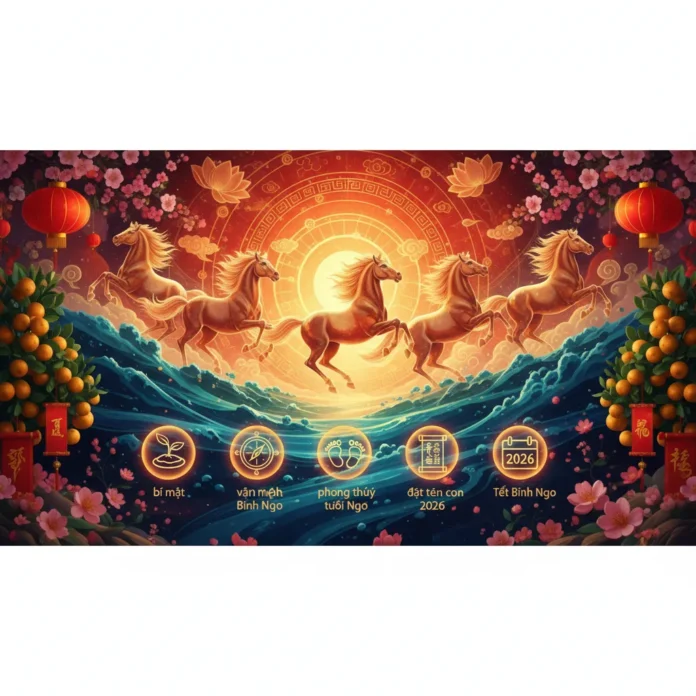 Hình ảnh minh họa Tết Bính Ngọ 2026 với biểu tượng con Ngựa, hoa mai, hoa đào và các yếu tố phong thủy mang ý nghĩa may mắn, thịnh vượng.