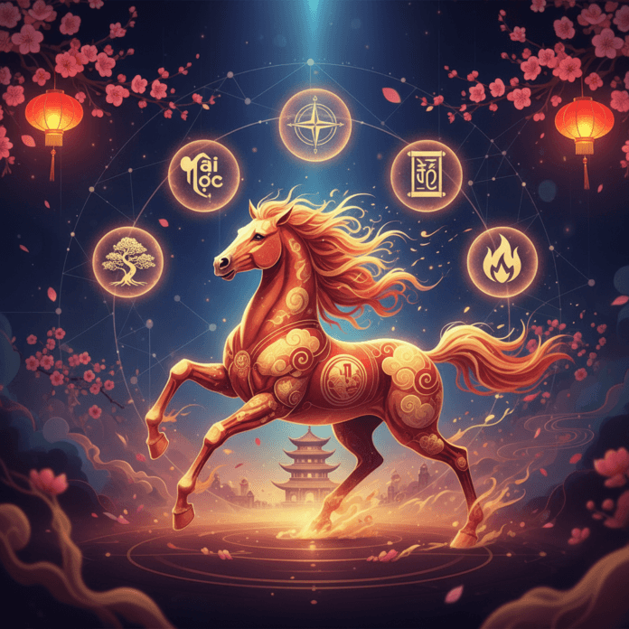 Hình ảnh minh họa Tết Bính Ngọ 2026 với biểu tượng chú ngựa mạnh mẽ phi nước đại trên nền hoa mai, hoa đào, tượng trưng cho một năm mới an lành, thịnh vượng và thành công.