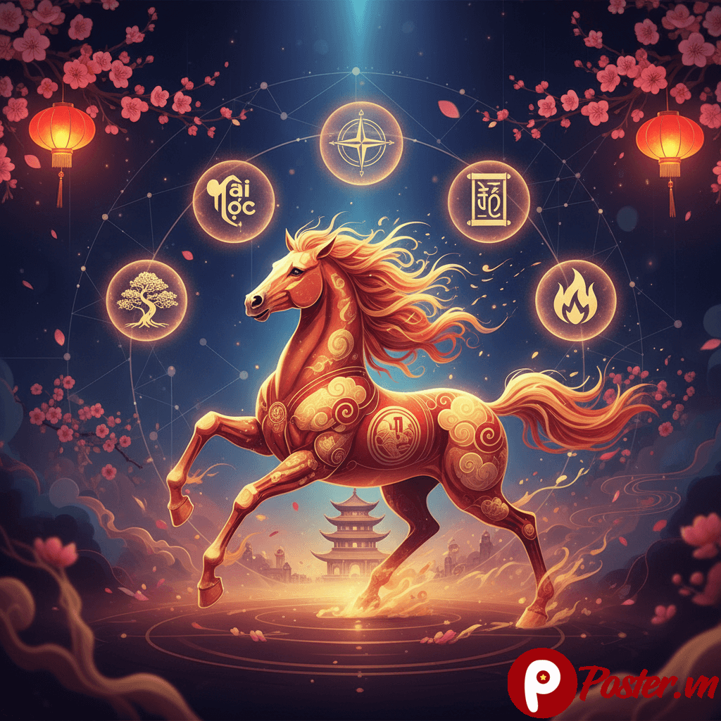 Hình ảnh minh họa Tết Bính Ngọ 2026 với biểu tượng chú ngựa mạnh mẽ phi nước đại trên nền hoa mai, hoa đào, tượng trưng cho một năm mới an lành, thịnh vượng và thành công.