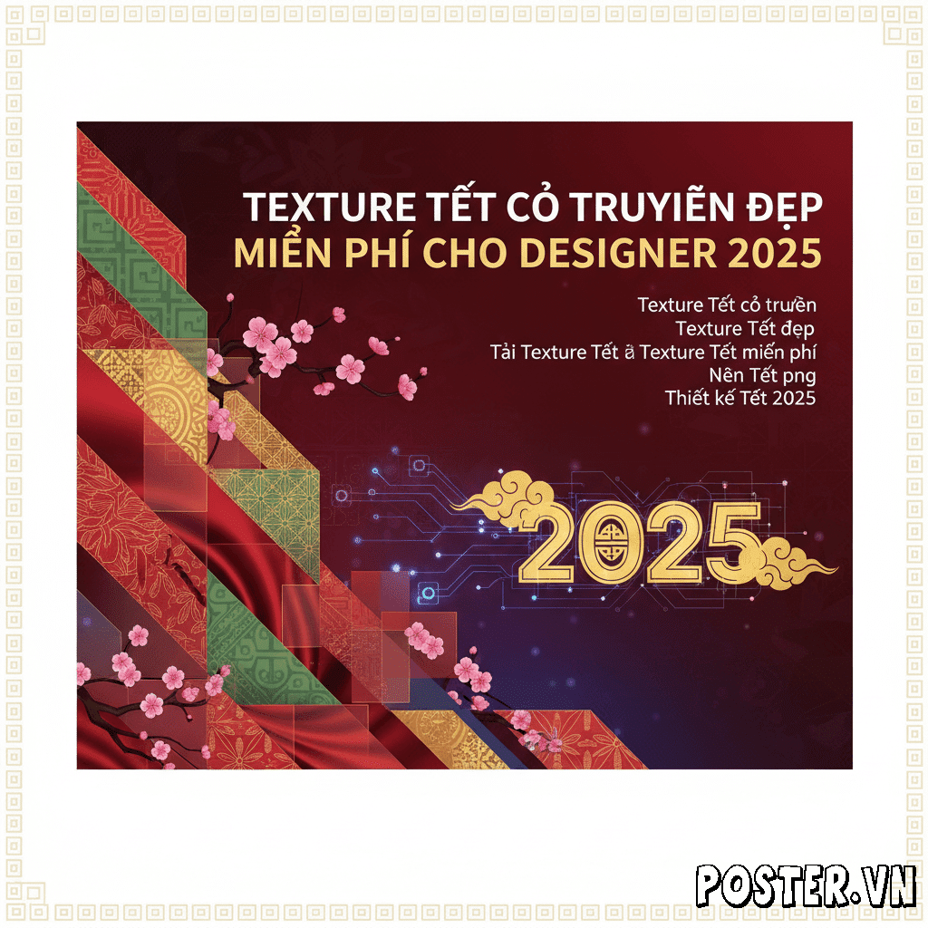 Bo suu tap texture Tet co truyen dep va chat luong cao gom giay do, vai lua gam, hoa van rong phuong, giup designer tao an pham Tet doc dao va sang trong.