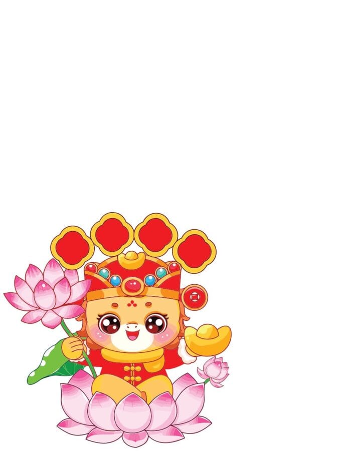 Vector Thần Tài chibi dễ thương cầm thỏi vàng ngồi trên hoa sen hồng, phong cách hoạt hình may mắn cho thiết kế Tết và tài lộc.