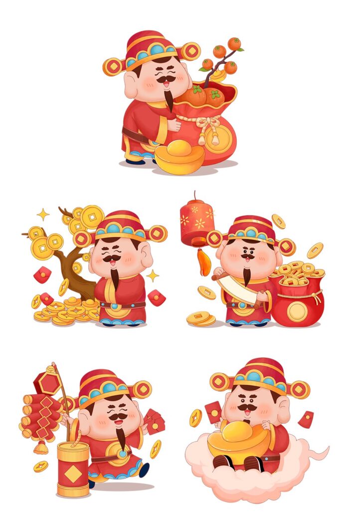 Bộ 5 hình ảnh Thần Tài Chibi đáng yêu, cầm thỏi vàng, túi tiền, lì xì và cành quýt, trên nền trắng, mang ý nghĩa tài lộc, may mắn cho Tết và các sự kiện cầu phúc.