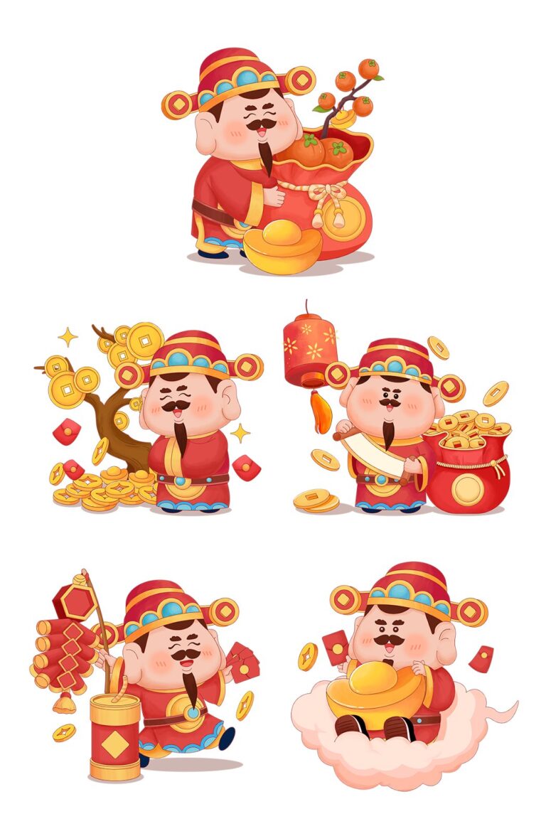 Bộ 5 hình ảnh Thần Tài Chibi đáng yêu, cầm thỏi vàng, túi tiền, lì xì và cành quýt, trên nền trắng, mang ý nghĩa tài lộc, may mắn cho Tết và các sự kiện cầu phúc.