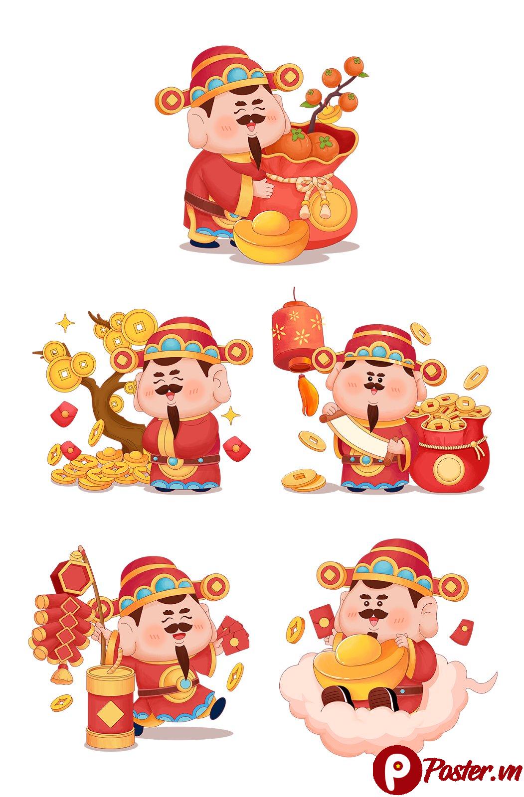 Bộ sưu tập 5 hình minh họa Thần Tài chibi vui vẻ, màu đỏ vàng, với các biểu tượng may mắn như thỏi vàng, lì xì, pháo Tết, mang lại tài lộc và hạnh phúc.