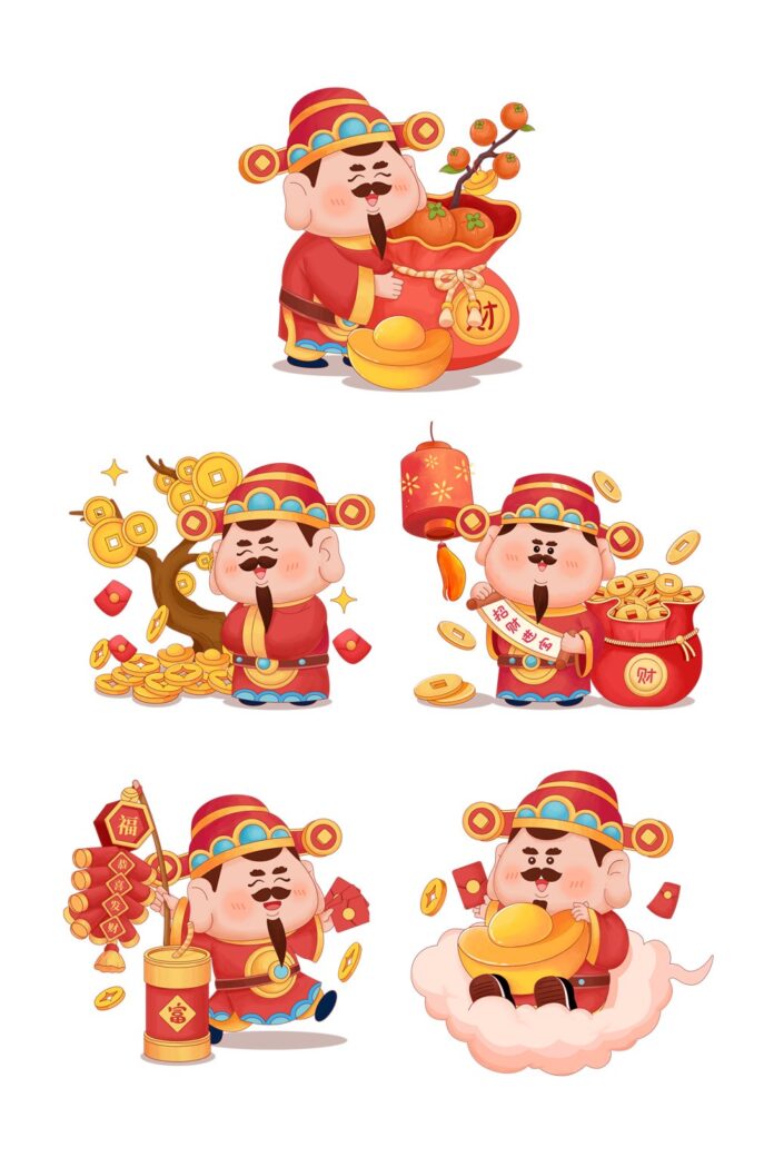 Thần Tài Chibi PSD - Bộ 5 hình minh họa Thần Tài đáng yêu cho Tết Nguyên Đán, màu đỏ vàng may mắn, tài lộc