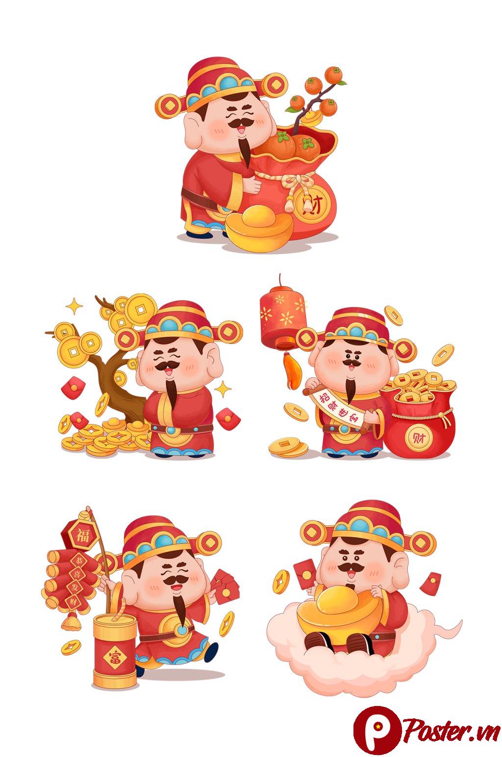 Thần Tài Chibi PSD - Bộ 5 hình minh họa Thần Tài đáng yêu cho Tết Nguyên Đán, màu đỏ vàng may mắn, tài lộc