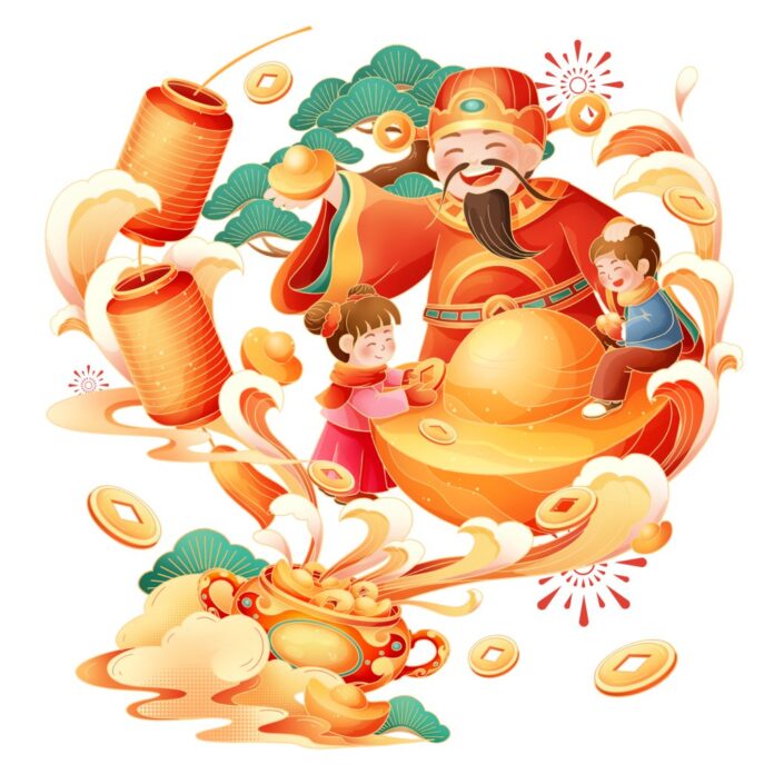 Hình ảnh Thần Tài tươi cười, ban phát tài lộc cùng các em bé và biểu tượng Tết Nguyên Đán rực rỡ trên nền mây sóng vàng kim.