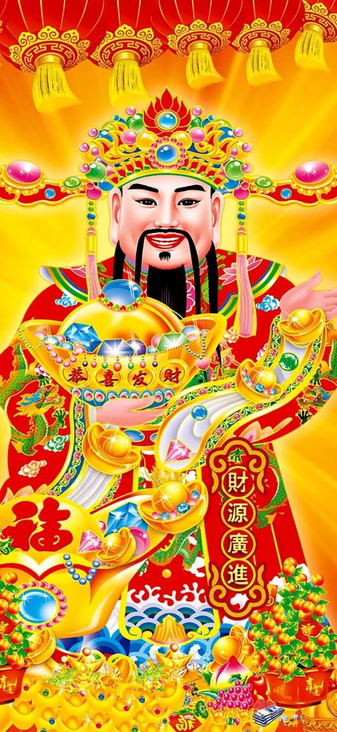 Hình ảnh Thần Tài gánh vàng, châu báu, với đèn lồng và chữ Cung Hỷ Phát Tài, Tài Nguyên Quảng Tiến, Phúc, phong cách Á Đông truyền thống, nền vàng rực rỡ.