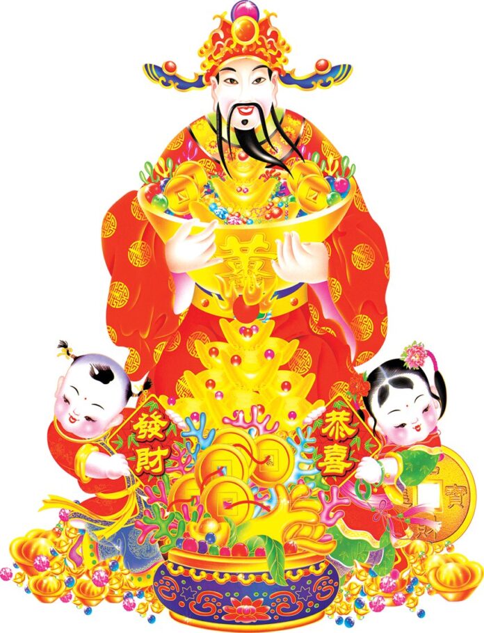 Hình ảnh Thần Tài Phát Tài Cung Hỉ cùng hai tiểu đồng và kho báu vàng bạc, mang ý nghĩa may mắn, thịnh vượng cho Tết Nguyên Đán, phong cách đồ họa phẳng tươi sáng, phù hợp thiết kế thiệp, banner.