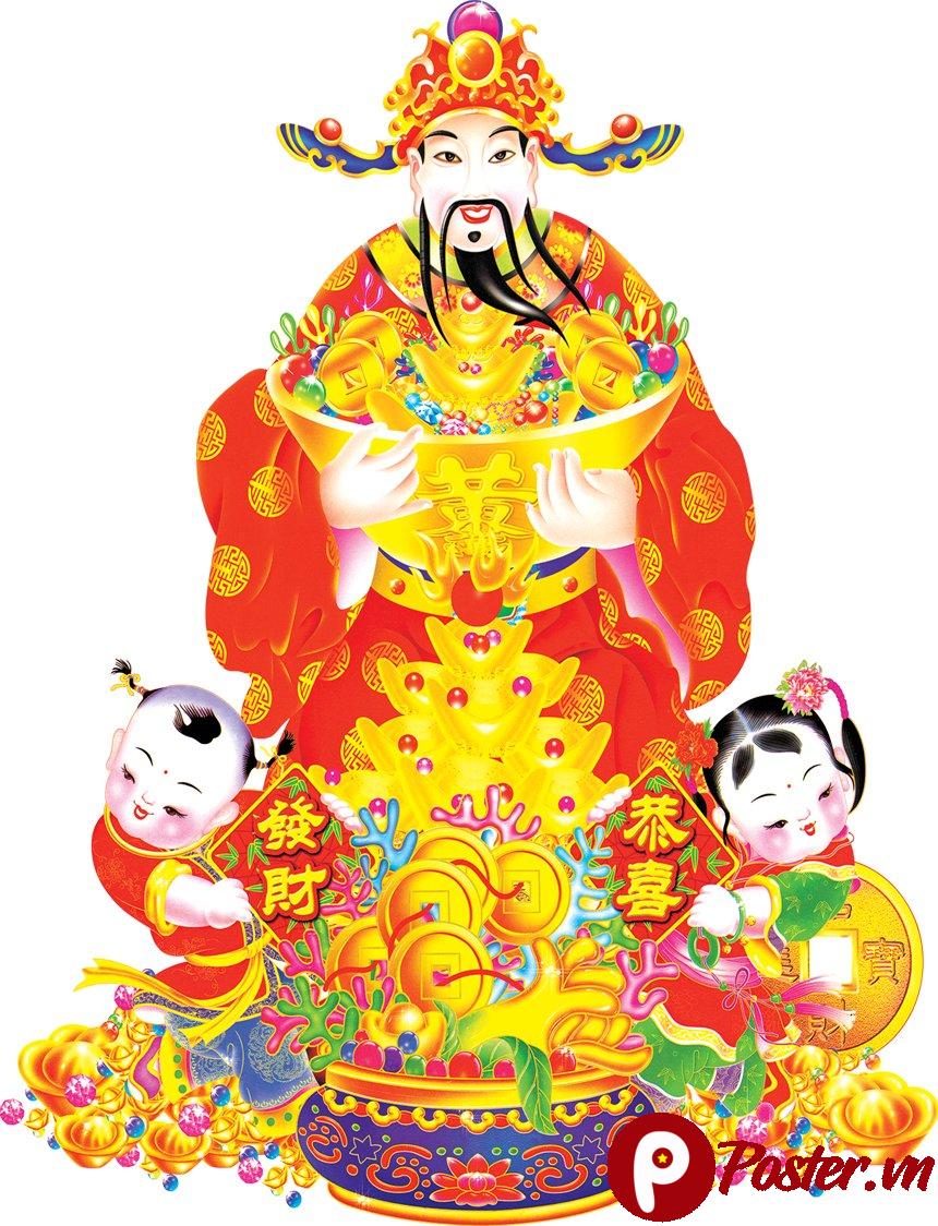 Hình ảnh Thần Tài Phát Tài Cung Hỉ cùng hai tiểu đồng và kho báu vàng bạc, mang ý nghĩa may mắn, thịnh vượng cho Tết Nguyên Đán, phong cách đồ họa phẳng tươi sáng, phù hợp thiết kế thiệp, banner.