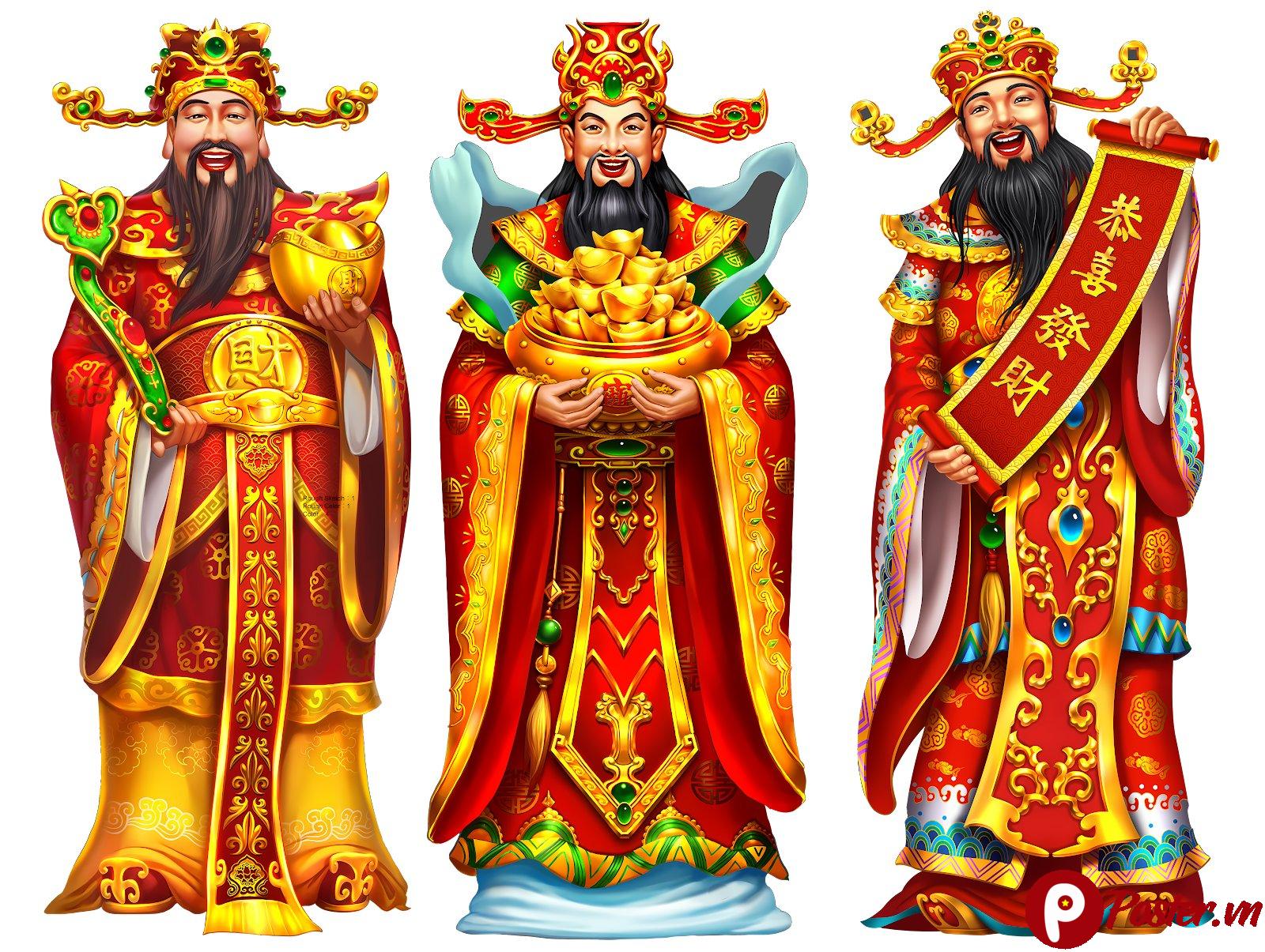 Hình ảnh ba vị Thần Tài Phúc Lộc Thọ vector sắc nét, chi tiết cao, màu sắc rực rỡ, mang ý nghĩa may mắn tài lộc, phù hợp cho thiết kế Tết và bao lì xì.