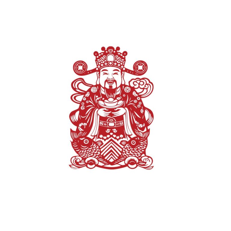 Thần Tài vector phong cách cắt giấy màu đỏ, cầm thỏi vàng, cá chép dưới chân