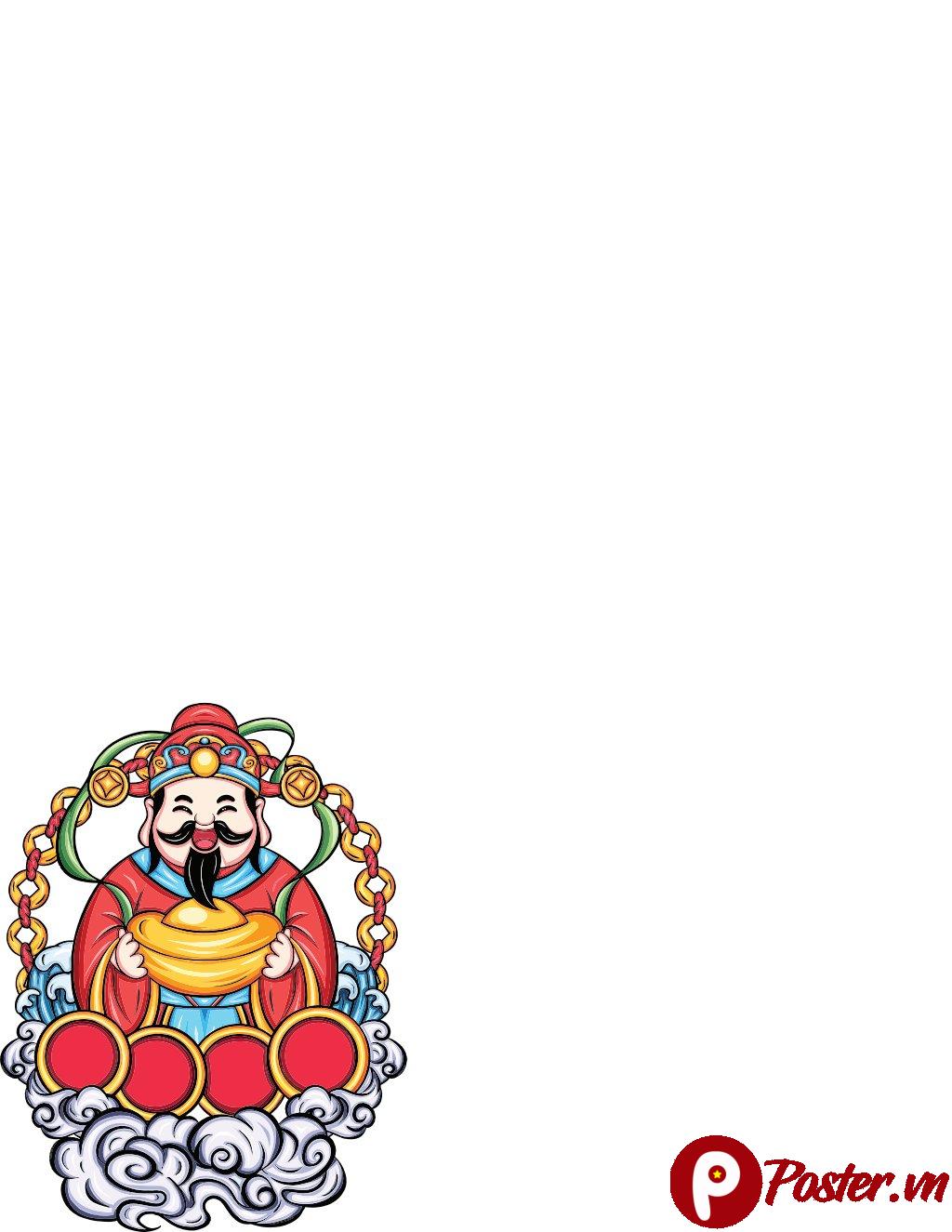 Hình ảnh vector Thần Tài hoạt hình vui vẻ, mập mạp, áo đỏ, tay ôm thỏi vàng lớn, với chuỗi đồng tiền và mây cuộn, mang ý nghĩa tài lộc, may mắn và thịnh vượng.