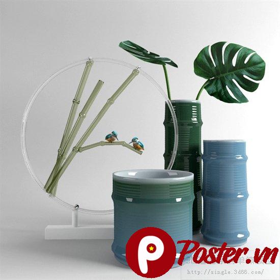 Hình ảnh thiết kế tối giản phong cách Á Đông với chim bói cá, tre, và bình gốm sứ màu xanh ngọc bích trên nền trắng xám, mang lại cảm giác thanh bình và tinh tế.