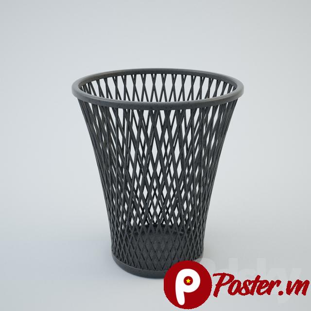 Hình ảnh thùng rác văn phòng bằng kim loại lưới màu xám đậm, thiết kế tối giản, hiện đại trên nền xám nhạt, phù hợp cho thiết kế nội thất và mockup.