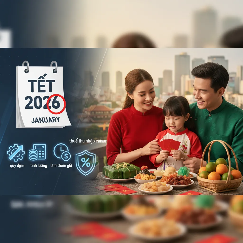 Hình ảnh minh họa tiền thưởng Tết 2026 với phong bì lì xì, đồng tiền Việt Nam và các biểu tượng Tết Nguyên Đán, tượng trưng cho sự sung túc và may mắn.