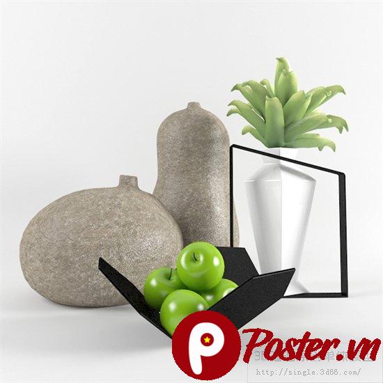 Hình ảnh tĩnh vật 3D phong cách minimalist với bình gốm nâu xám, bát táo xanh lá, cây cảnh và khung đen trên nền trắng, tạo cảm giác hiện đại và tinh tế.