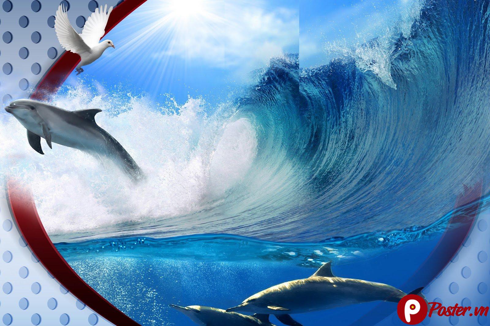Mẫu tranh 3D đại dương cá heo và chim bồ câu đẹp sắc nét