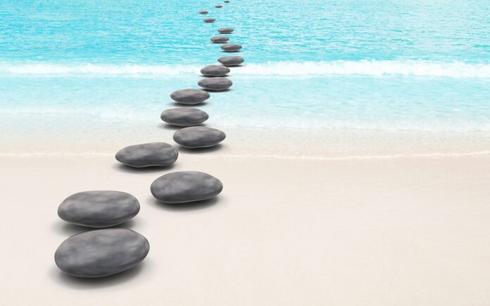 Tranh 3D đại dương phong cách Zen với đá cuội và cát trắng