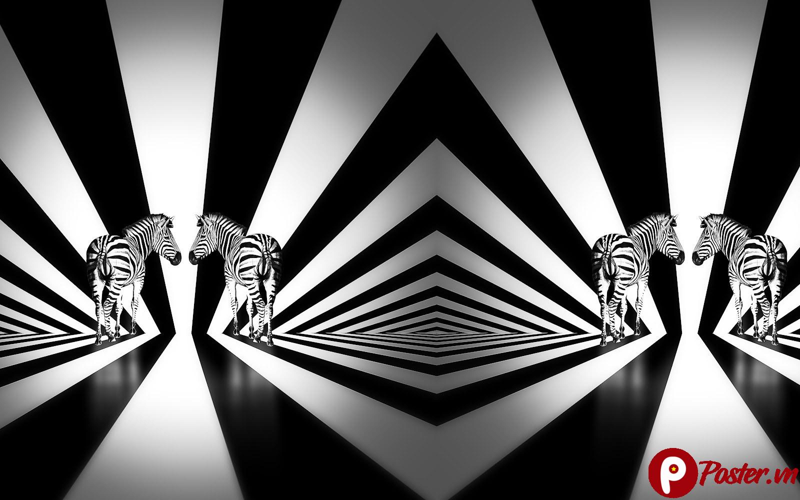 Mẫu tranh 3D Ngựa Mã Đáo Thành Công đen trắng phong cách Op Art hiện đại cực đẹp - hình ảnh 1