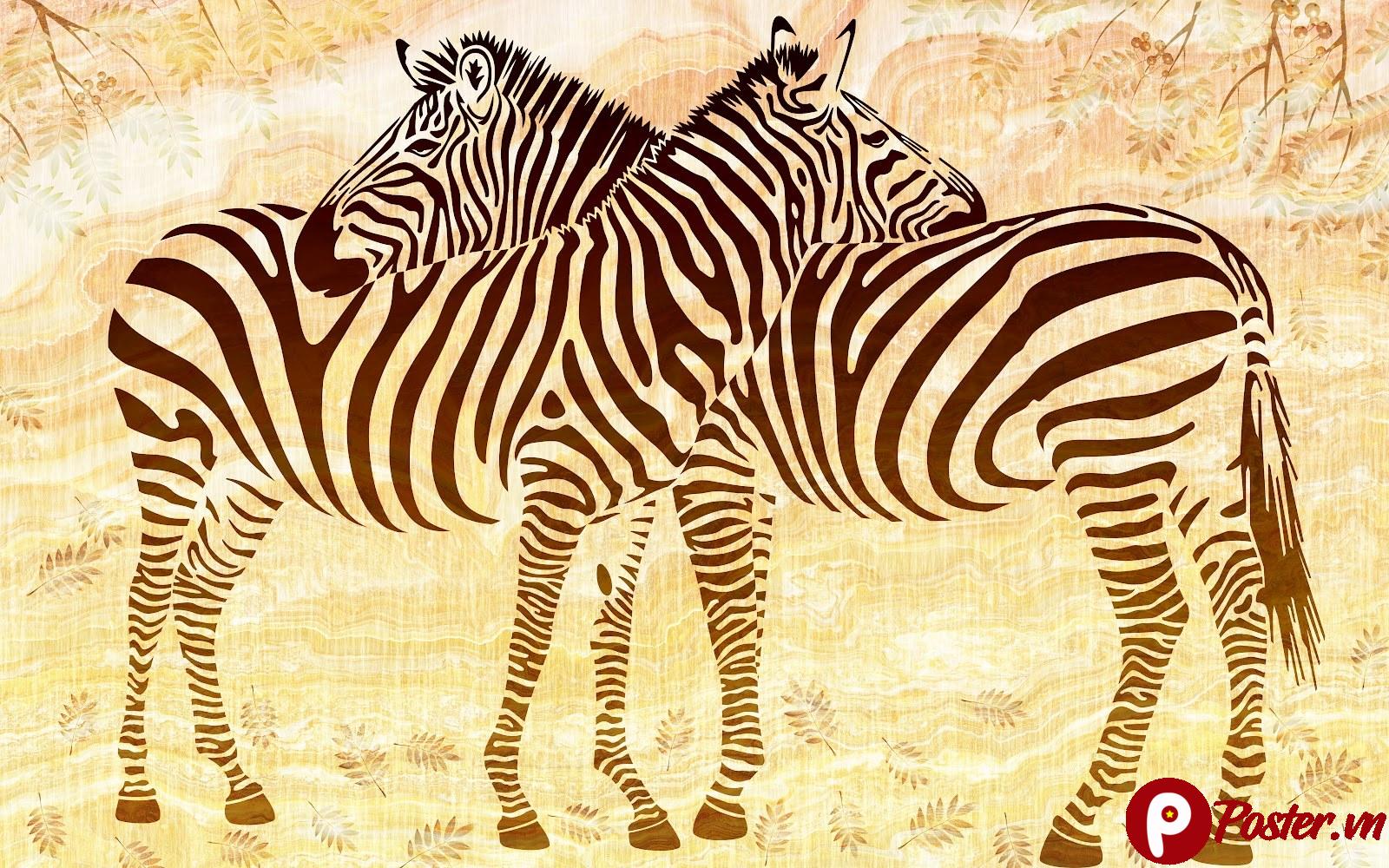 Tranh 3D Ngựa vằn nghệ thuật tông màu vàng nâu sang trọng