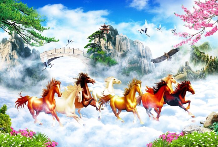 Tranh Bát Mã truy phong phong thủy, đàn ngựa phi nước đại trên mây, núi non hùng vĩ, chim hạc và hoa anh đào, phong cách Á Đông.