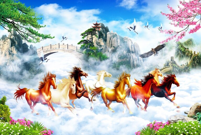 Tranh Bát Mã truy phong phong thủy, đàn ngựa phi nước đại trên mây, núi non hùng vĩ, chim hạc và hoa anh đào, phong cách Á Đông.
