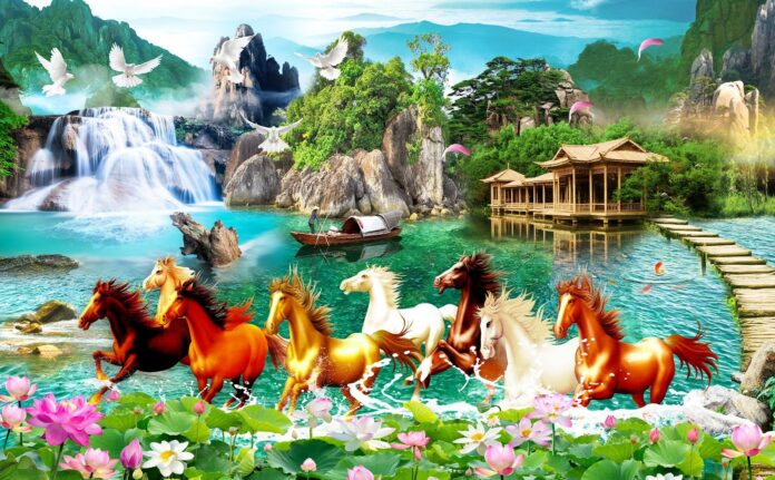 Tranh Bát Mã Phong Thủy với 8 chú ngựa phi nước đại trên hồ sen, thác nước và núi non hùng vĩ, mang ý nghĩa Mã Đáo Thành Công và tài lộc.