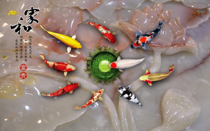 Tranh cá Koi phong thủy 3D giả ngọc thạch cao cấp