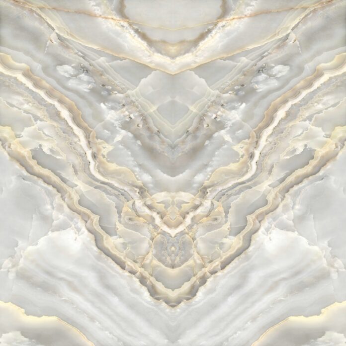 Tranh đá đối xứng bookmatch vân Onyx vàng hổ phách sang trọng cho nội thất