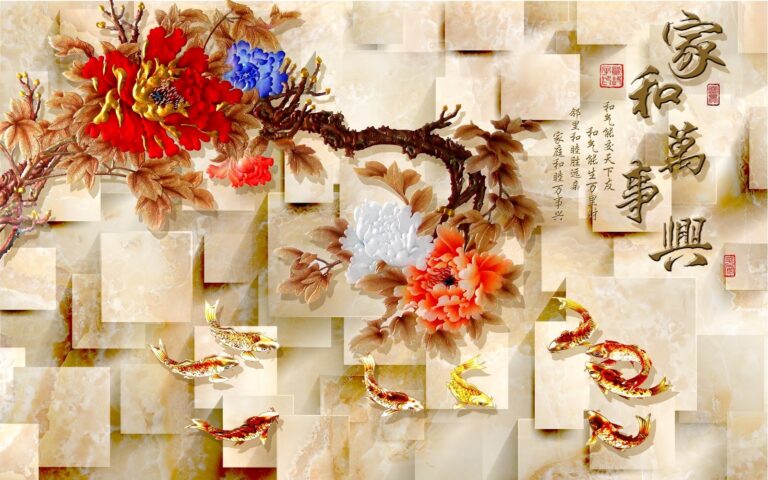 Tranh dán tường 3D giả ngọc hoa mẫu đơn và cá chép vàng sang trọng