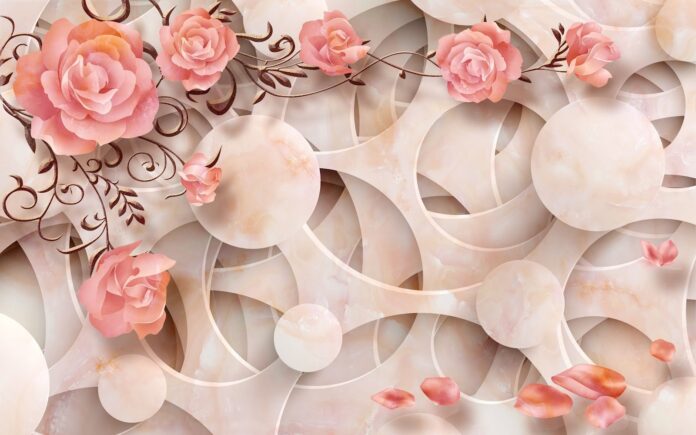 Mẫu tranh dán tường 3D hoa hồng tông màu hồng phấn sang trọng cho phòng khách