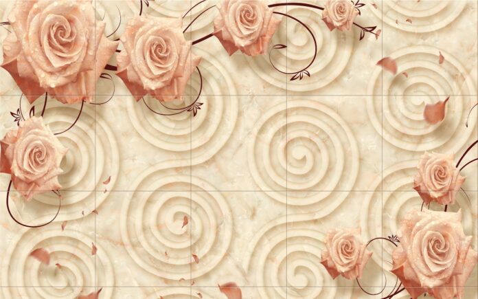 Tranh dán tường 3D hoa hồng tông kem be sang trọng nền đá marble