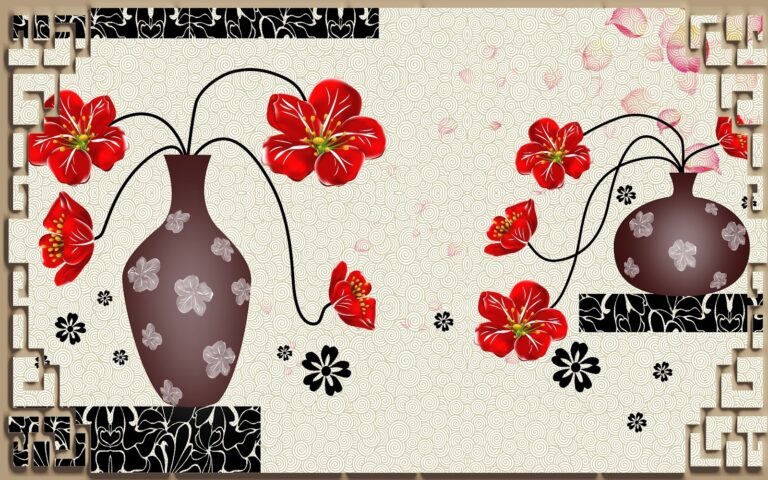 Tranh dán tường bình hoa đỏ phong cách Á Đông hiện đại sang trọng