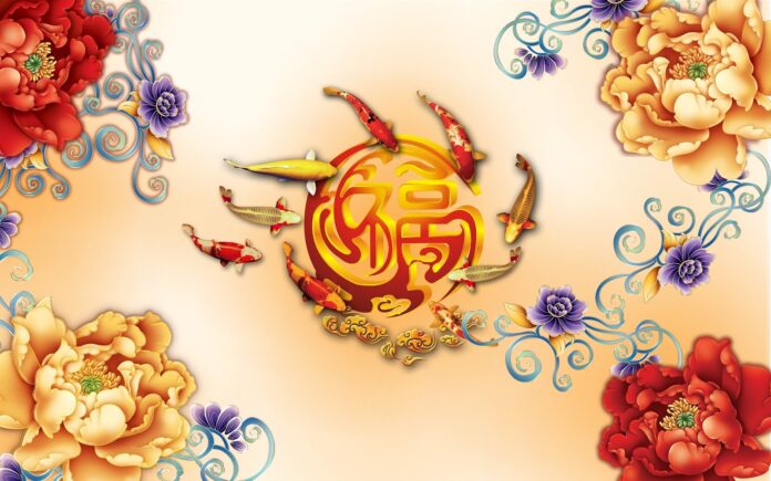 Tranh dán tường chữ Phúc kết hợp cá chép và hoa mẫu đơn phong cách Á Đông rực rỡ