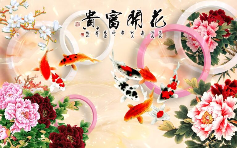 Mẫu tranh dán tường 3D cửu ngư quần hội và hoa mẫu đơn sang trọng