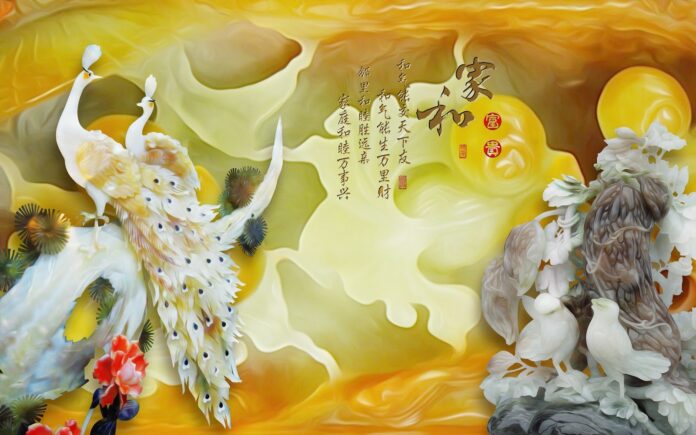 Tranh dán tường đôi chim công 3D giả ngọc màu vàng hổ phách sang trọng